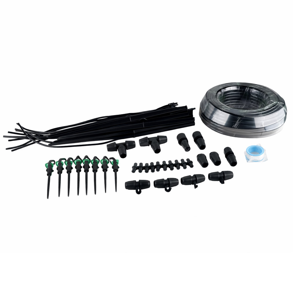 Set irigare gradina cu micro-aspersoare rotative, furtun PVC 30 metri, sistem udare plante si sere, negru