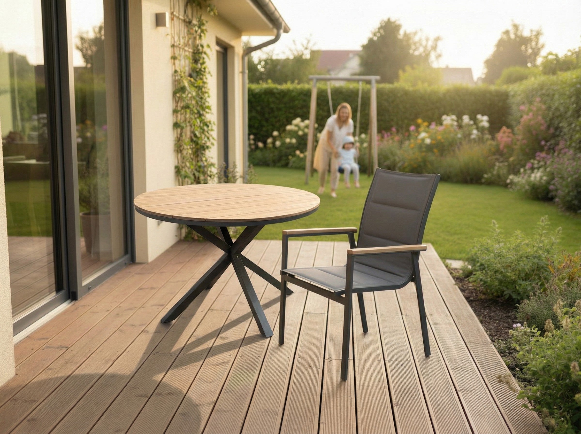 Masa rotunda pentru gradina, cadru aluminiu cu blat polywood aspect lemn, 112x73 cm, maro natur