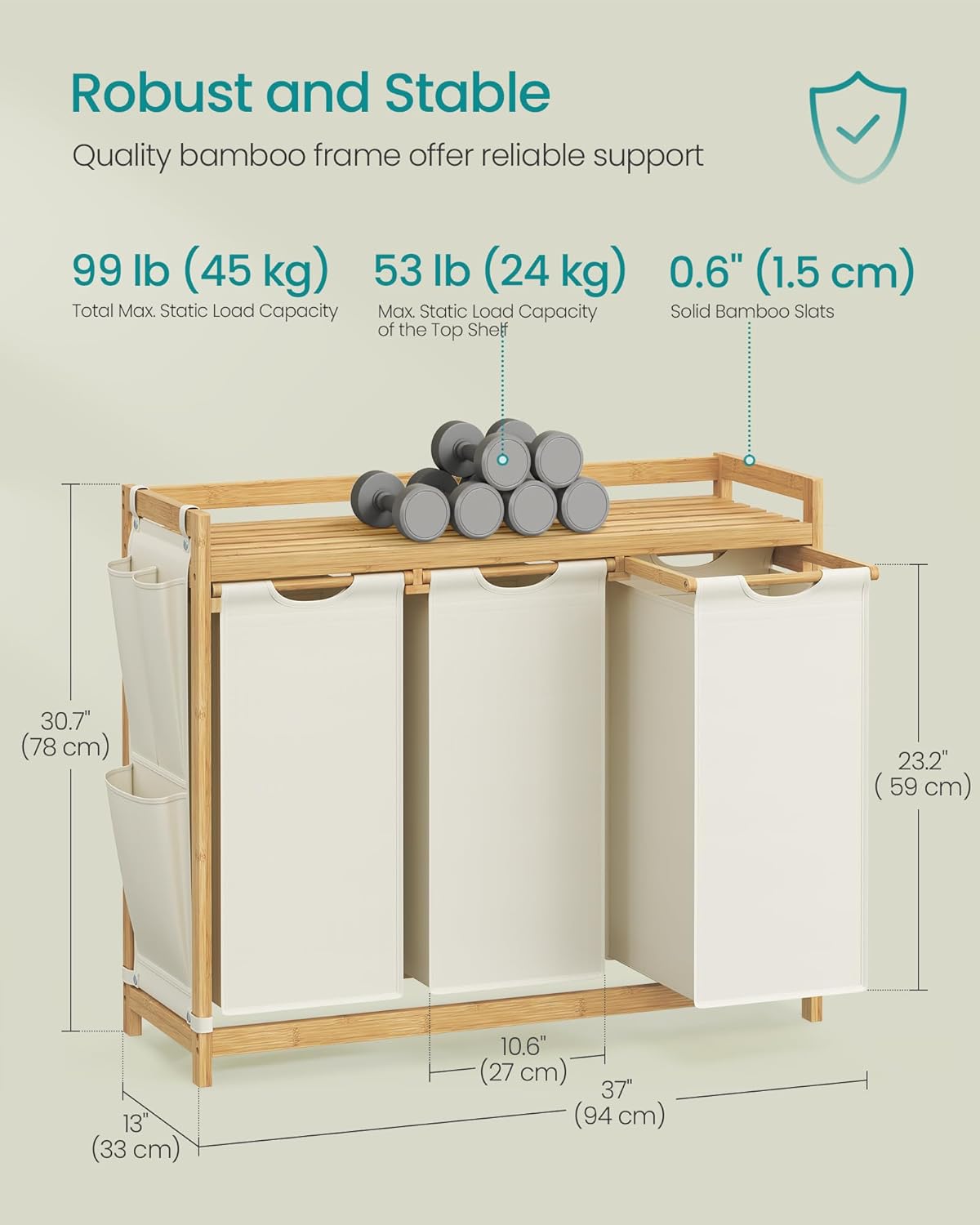 SONGMICS Cos rufe cu 3 compartimente si raft superior din bambus, 3 x 50 litri, saci detasabili, 94x33x78 cm, maro natur