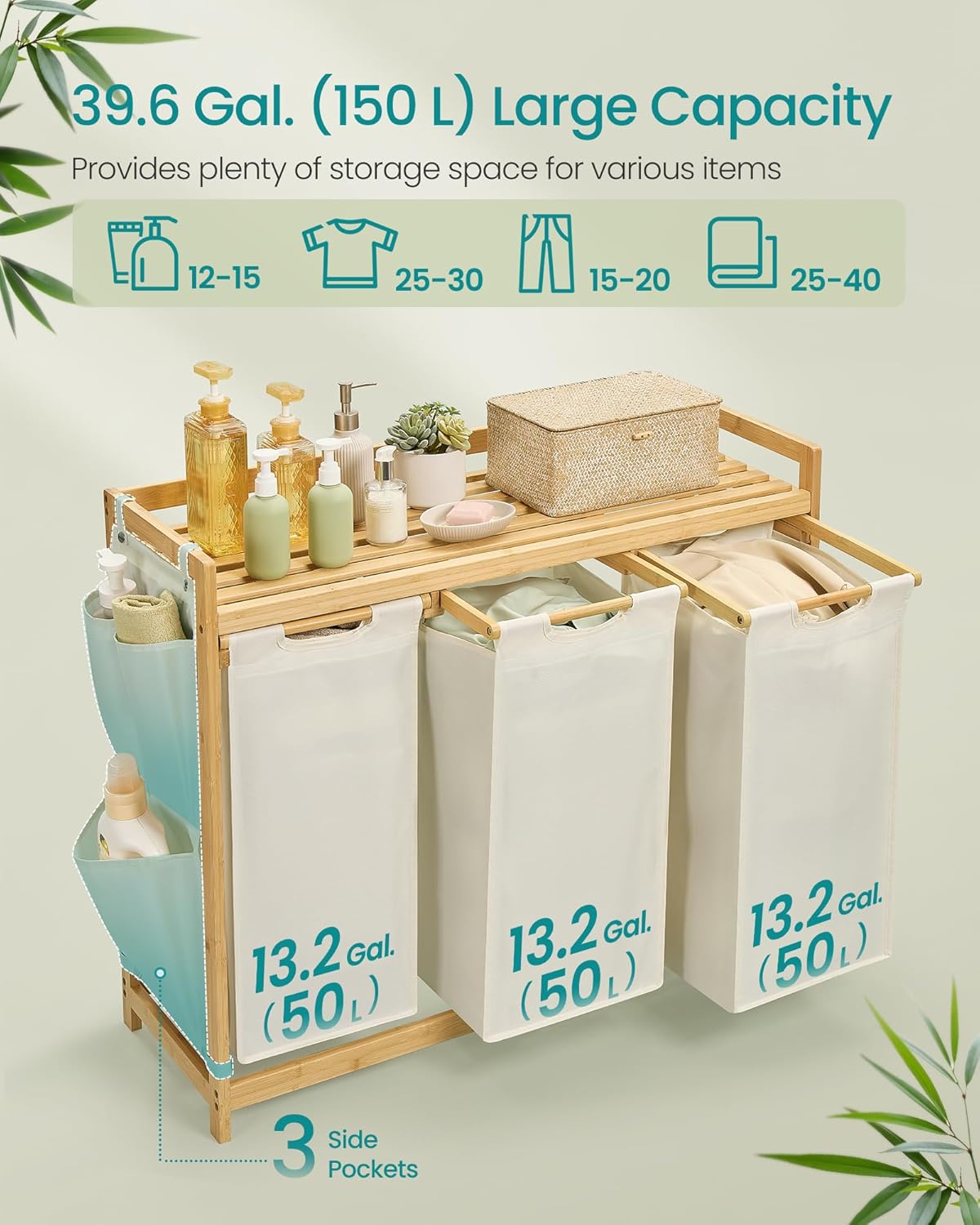 SONGMICS Cos rufe cu 3 compartimente si raft superior din bambus, 3 x 50 litri, saci detasabili, 94x33x78 cm, maro natur