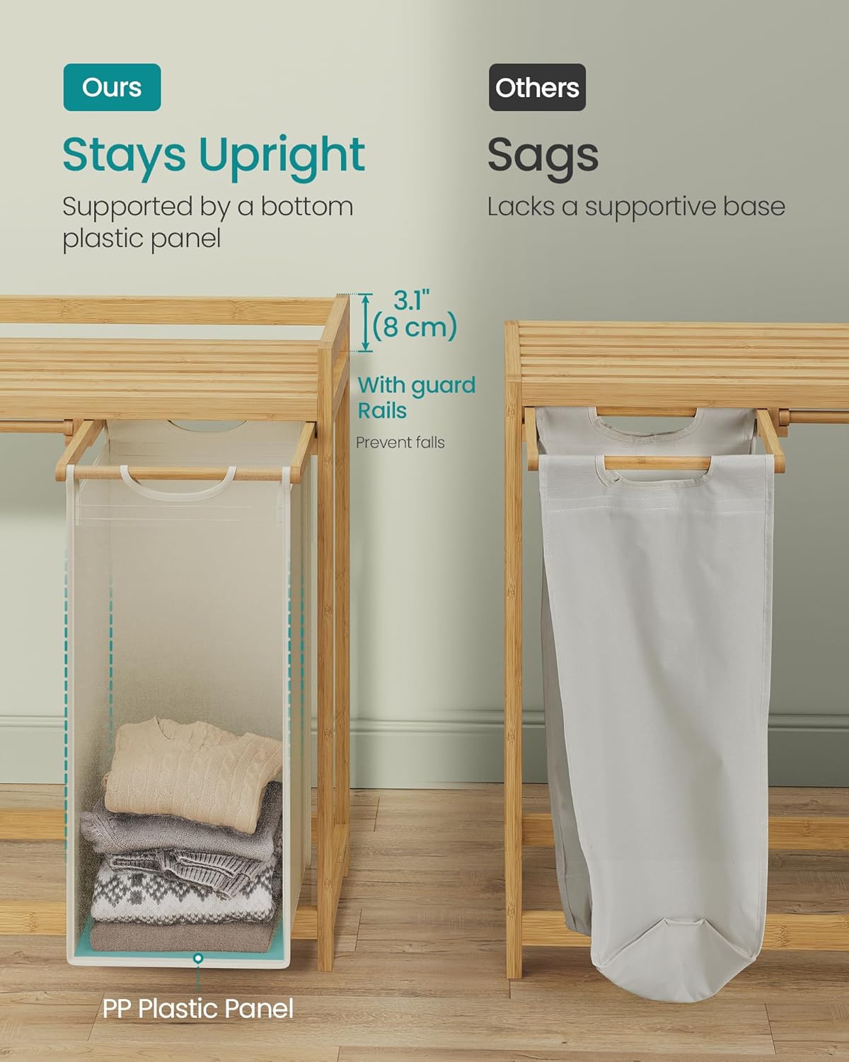 SONGMICS Cos rufe cu 3 compartimente si raft superior din bambus, 3 x 50 litri, saci detasabili, 94x33x78 cm, maro natur