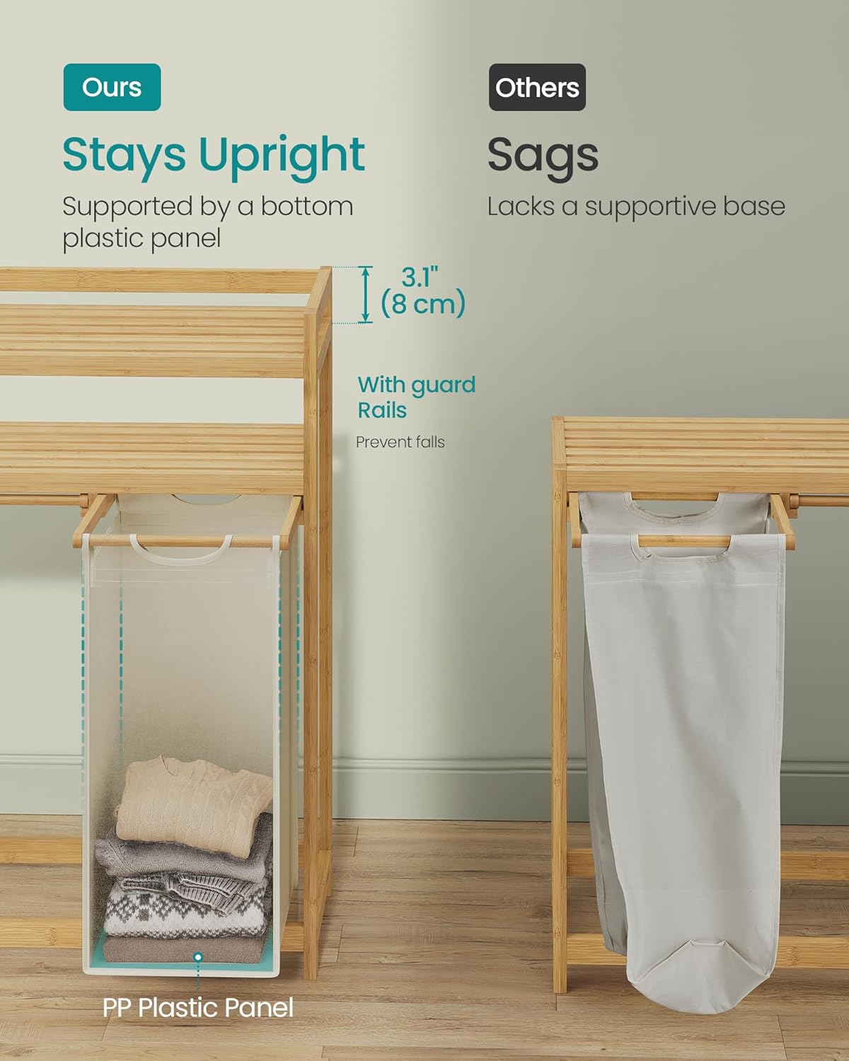 SONGMICS Cos rufe cu 2 compartimente si raft superior din bambus, 2 x 50 litri, saci detasabili, 63x33x98 cm, maro natur