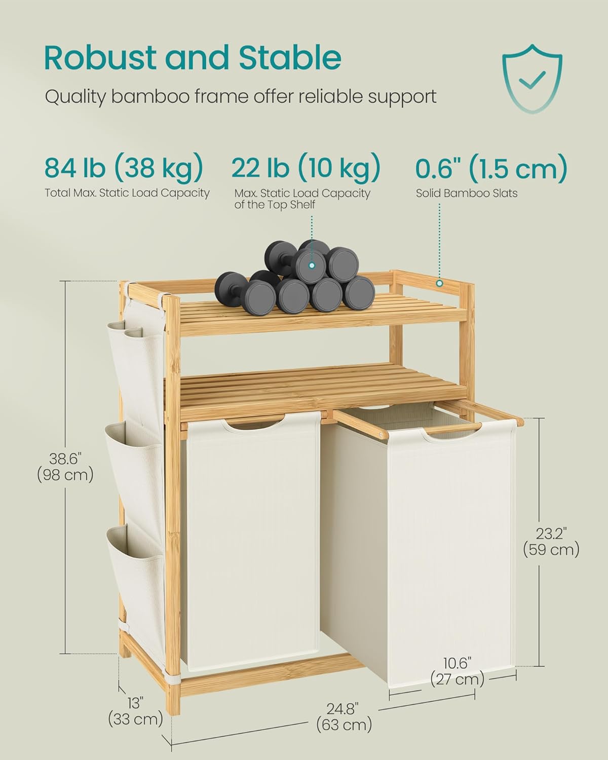 SONGMICS Cos rufe cu 2 compartimente si raft superior din bambus, 2 x 50 litri, saci detasabili, 63x33x98 cm, maro natur