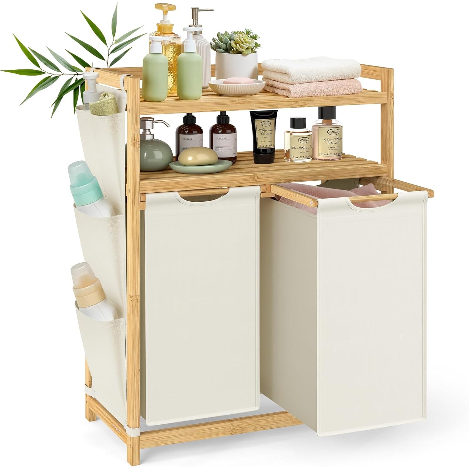 SONGMICS Cos rufe cu 2 compartimente si raft superior din bambus, 2 x 50 litri, saci detasabili, 63x33x98 cm, maro natur