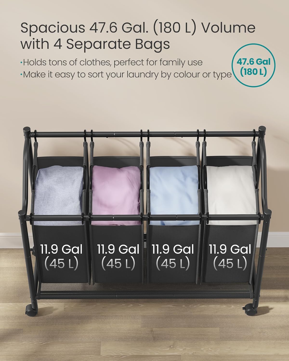 SONGMICS Cos de rufe mobil cu 4 saci detasabili cu manere, 180 litri, cadru metalic, 105x39x81 cm, negru