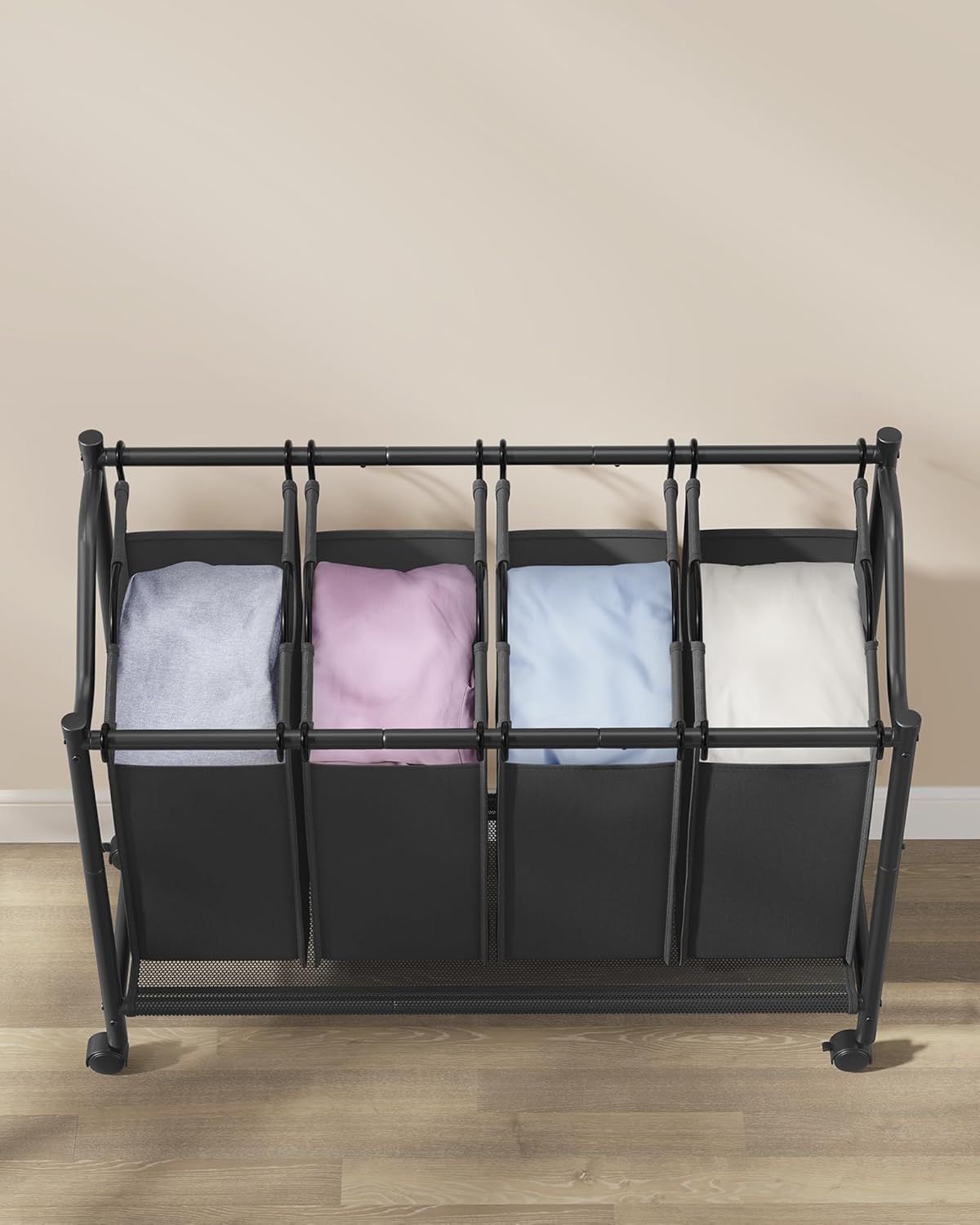 SONGMICS Cos de rufe mobil cu 4 saci detasabili cu manere, 180 litri, cadru metalic, 105x39x81 cm, negru