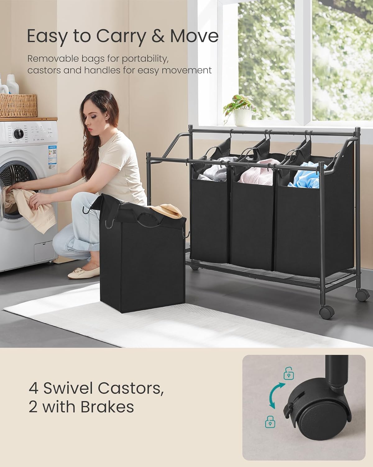SONGMICS Cos de rufe mobil cu 4 saci detasabili cu manere, 180 litri, cadru metalic, 105x39x81 cm, negru