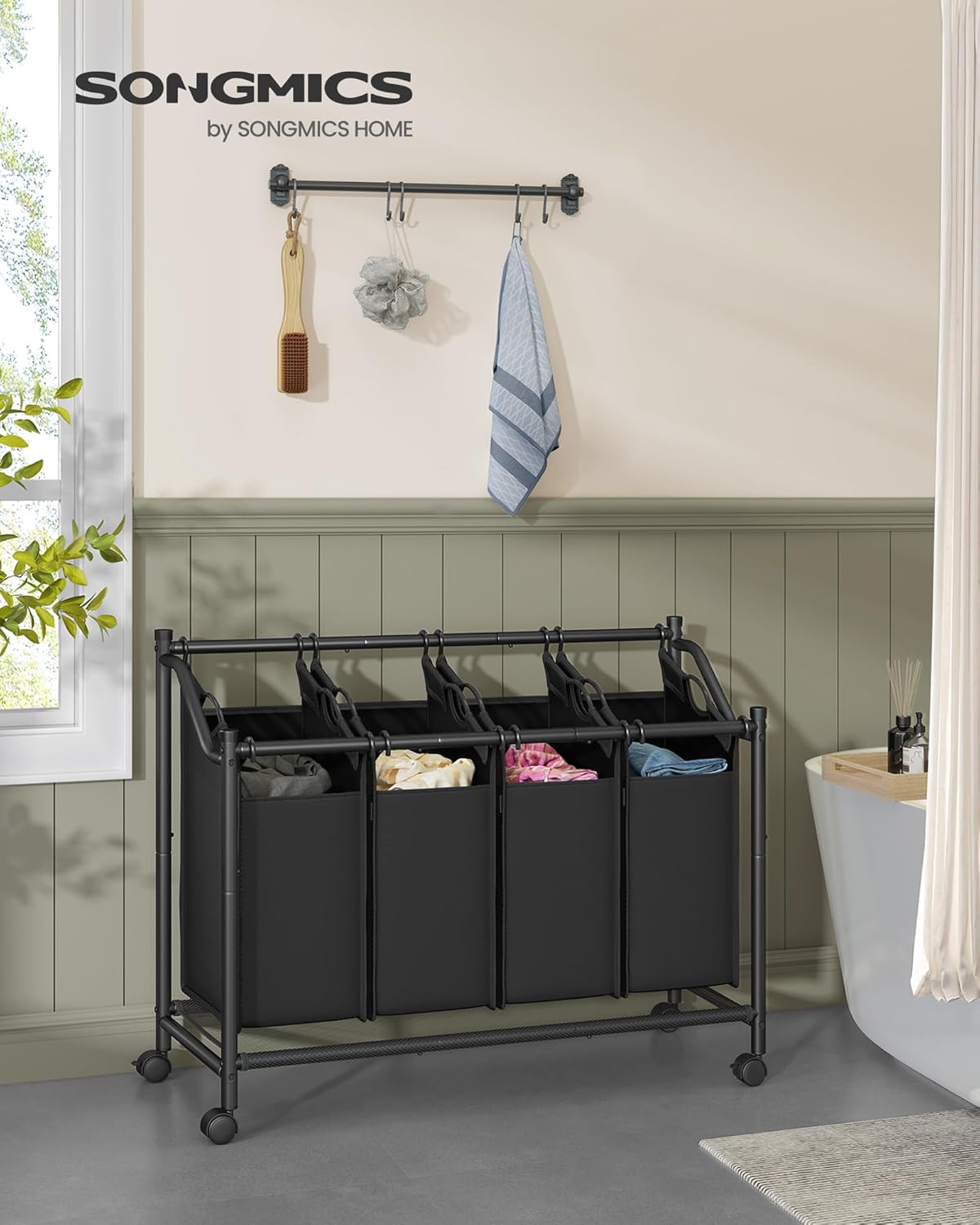 SONGMICS Cos de rufe mobil cu 4 saci detasabili cu manere, 180 litri, cadru metalic, 105x39x81 cm, negru