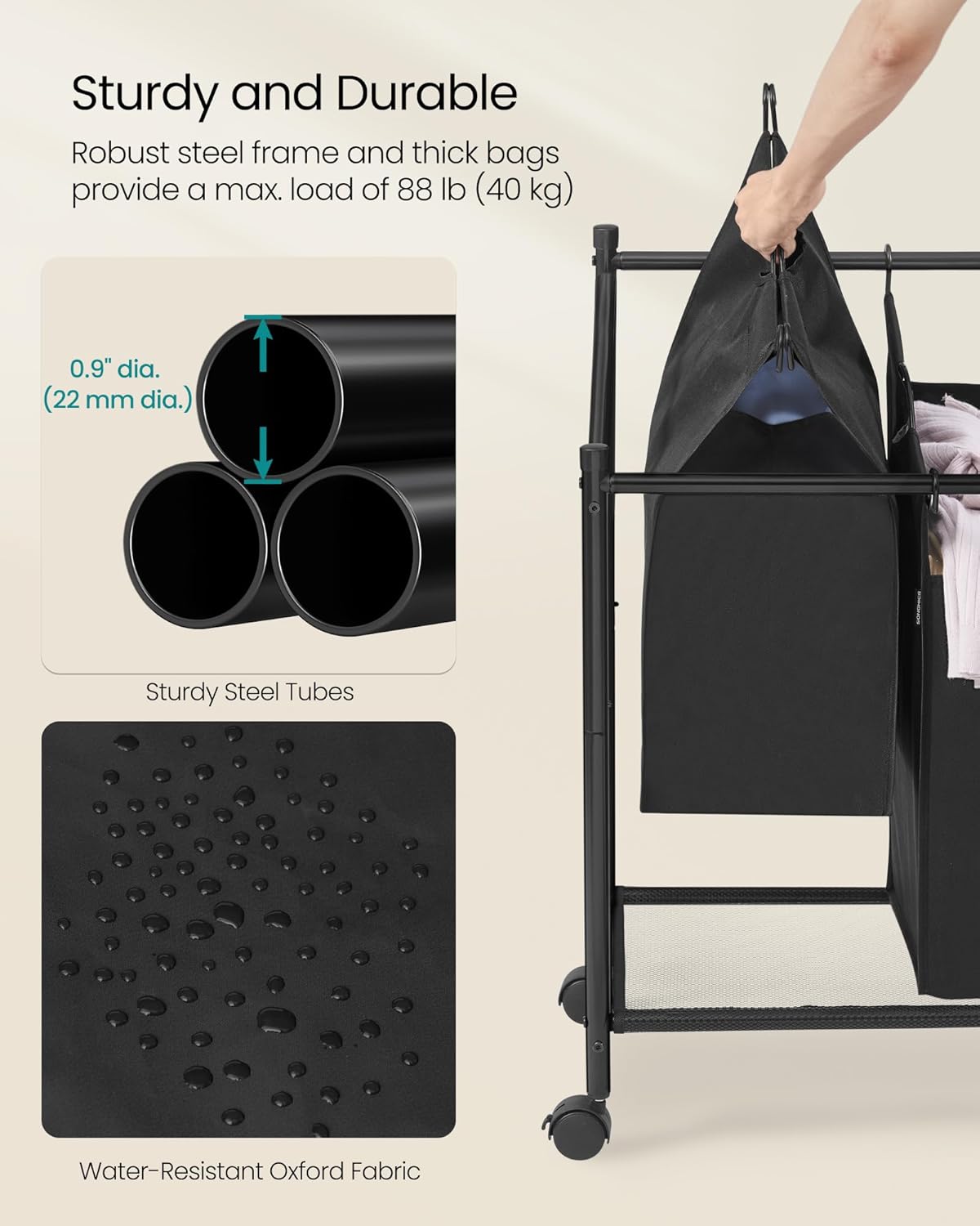 SONGMICS Cos de rufe mobil cu 4 saci detasabili cu manere, 180 litri, cadru metalic, 105x39x81 cm, negru