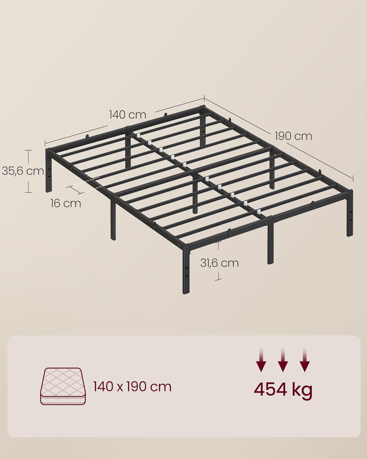 VASAGLE Cadru pat dublu 140x190 cm, structura metalica rezistenta 450 kg, cu spatiu de depozitare, negru