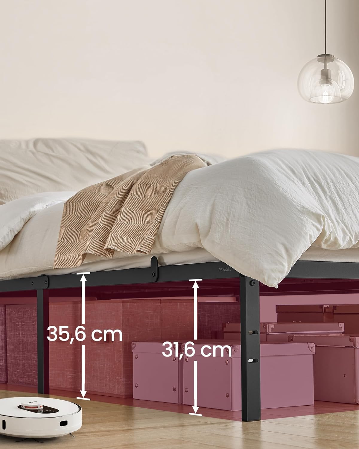VASAGLE Cadru pat dublu 140x190 cm, structura metalica rezistenta 450 kg, cu spatiu de depozitare, negru