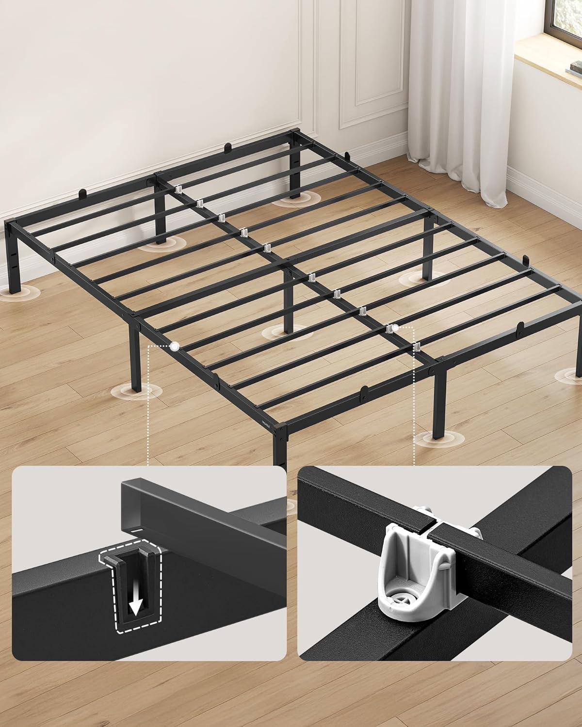 VASAGLE Cadru pat dublu 140x190 cm, structura metalica rezistenta 450 kg, cu spatiu de depozitare, negru