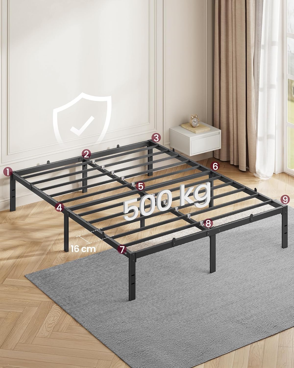 VASAGLE Cadru pat dublu 140x190 cm, structura metalica rezistenta 450 kg, cu spatiu de depozitare, negru