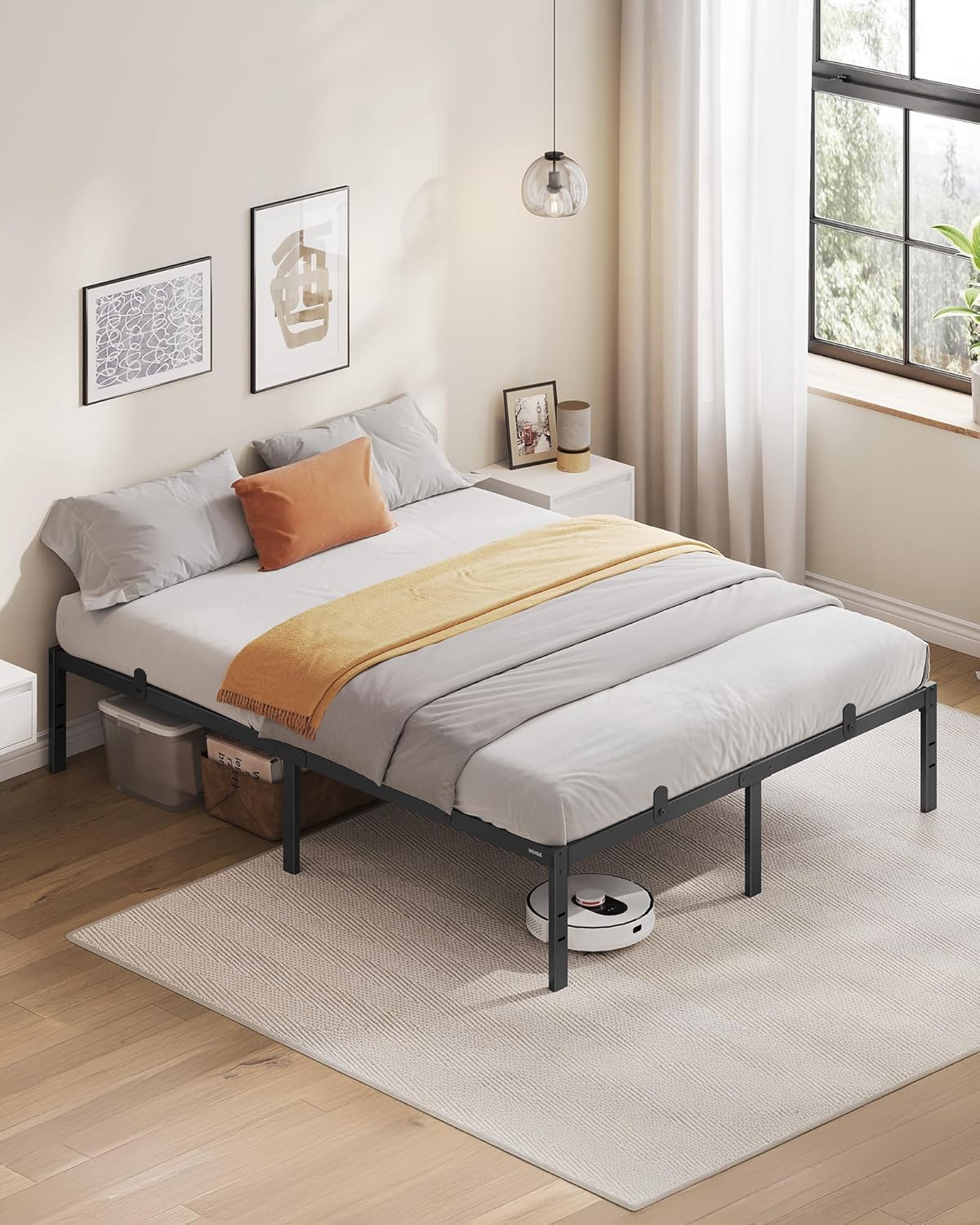 VASAGLE Cadru pat dublu 140x190 cm, structura metalica rezistenta 450 kg, cu spatiu de depozitare, negru