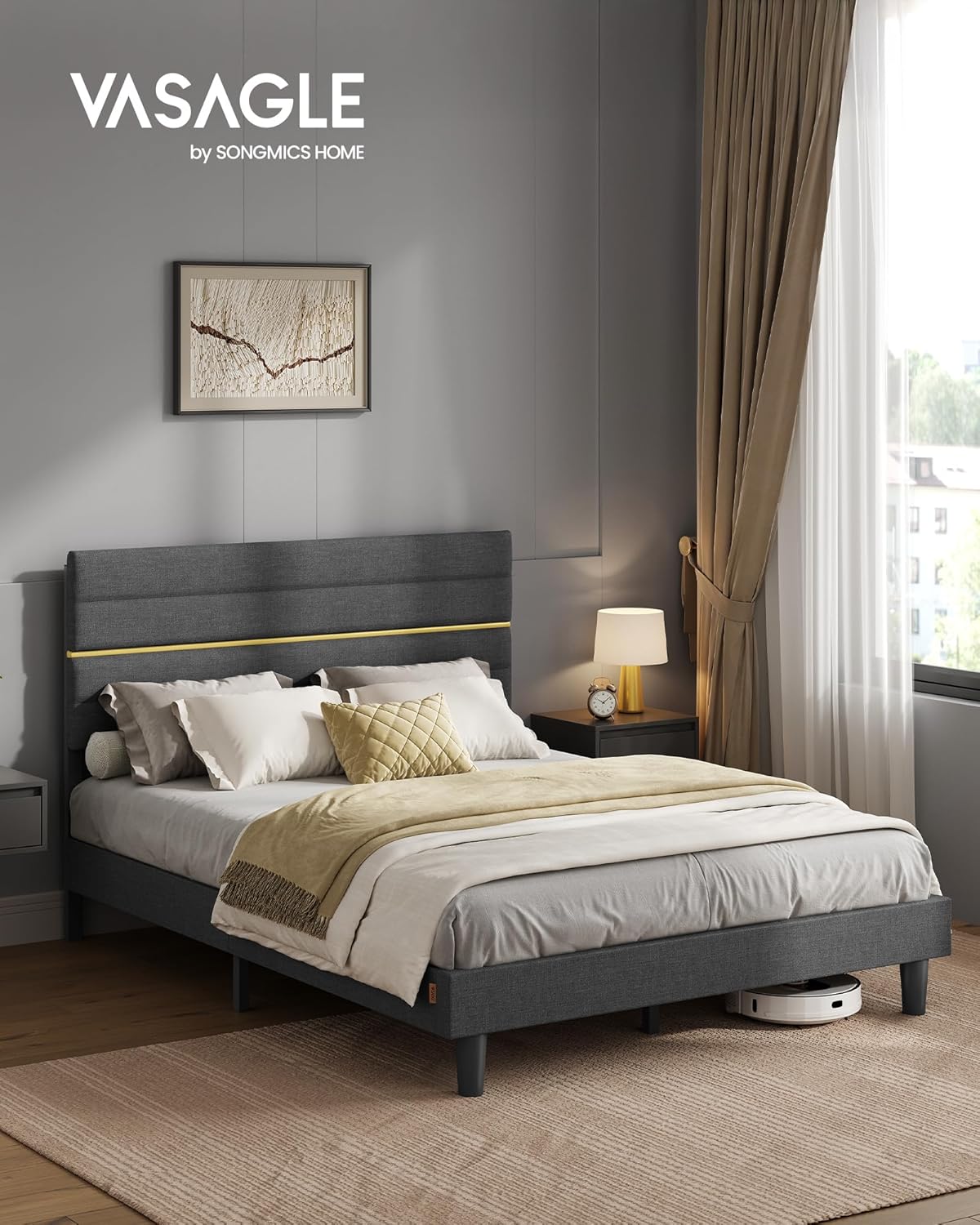 VASAGLE Pat tapitat 140x200 cm, cu tablie capitonata, somiera din lemn masiv reglabila, structura metalica, gri inchis