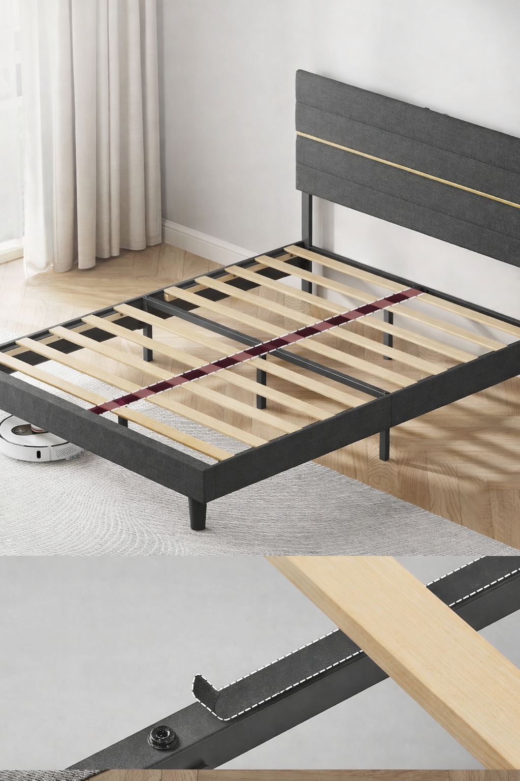 VASAGLE Pat tapitat 140x200 cm, cu tablie capitonata, somiera din lemn masiv reglabila, structura metalica, gri inchis