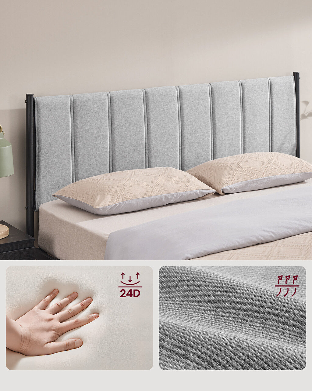 VASAGLE Pat tapitat 160x200 cm, cu tablie capitonata, cadru otel, somiera metalica fixa cu sustinere 500 kg, gri deschis