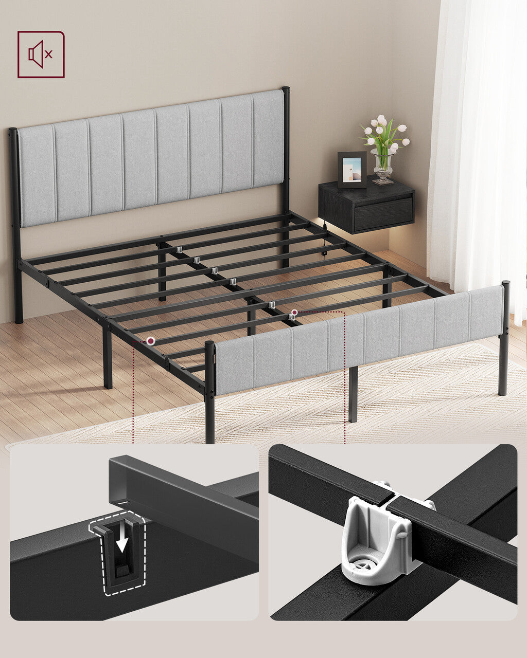 VASAGLE Pat tapitat 160x200 cm, cu tablie capitonata, cadru otel, somiera metalica fixa cu sustinere 500 kg, gri deschis