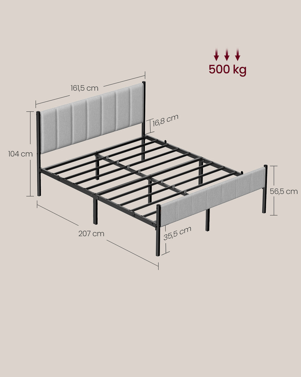 VASAGLE Pat tapitat 160x200 cm, cu tablie capitonata, cadru otel, somiera metalica fixa cu sustinere 500 kg, gri deschis