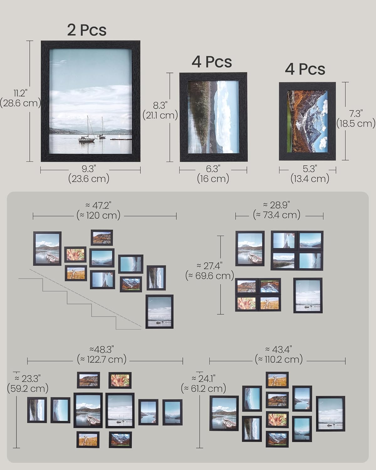 SONGMICS set rame foto 10 buc, 28x24 / 21x16 / 18x13 cm, negru, montaj perete sau birou, MDF si plastic