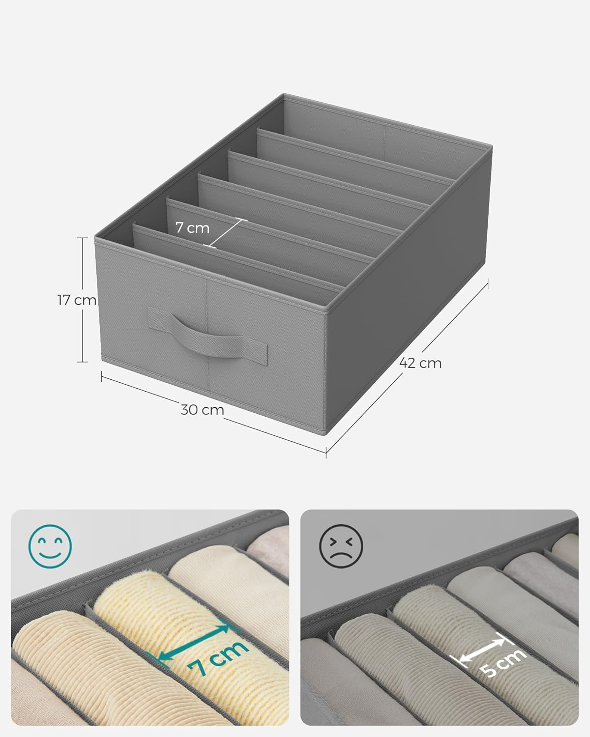 SONGMICS Organizatoare dulap set 4 bucati, 6 compartimente, pliabile, 42x30x17 cm, gri