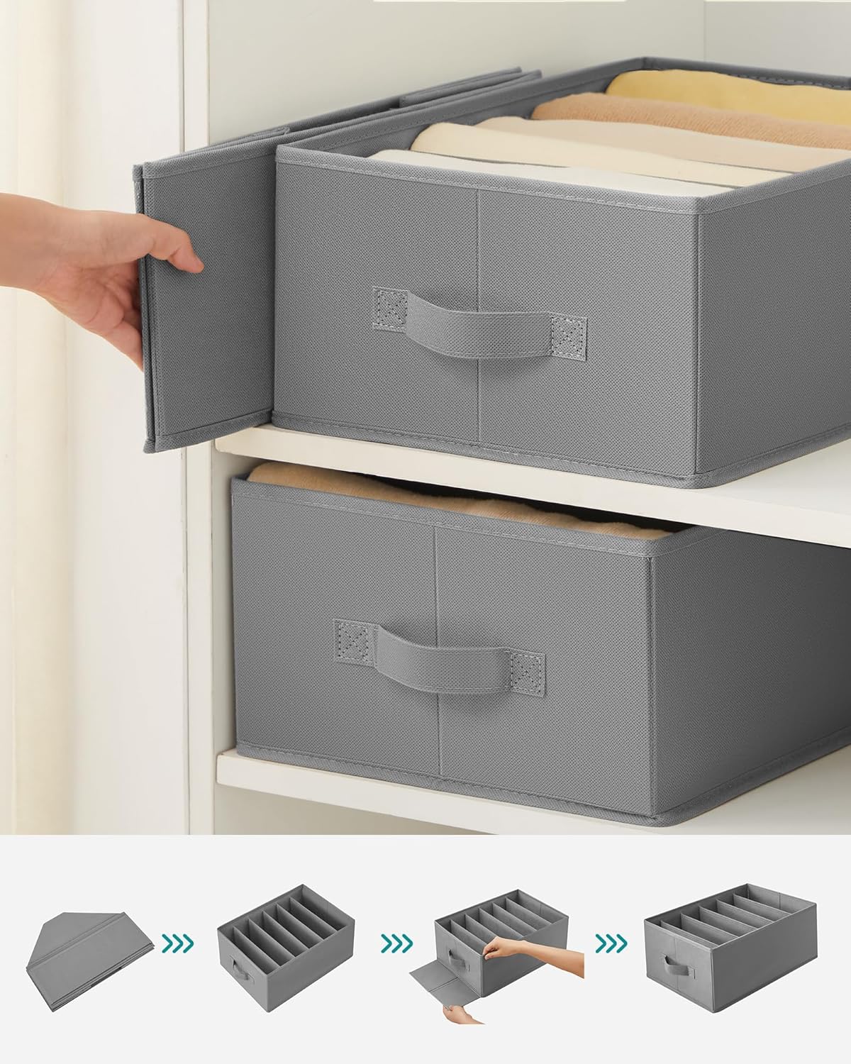 SONGMICS Organizatoare dulap set 4 bucati, 6 compartimente, pliabile, 42x30x17 cm, gri