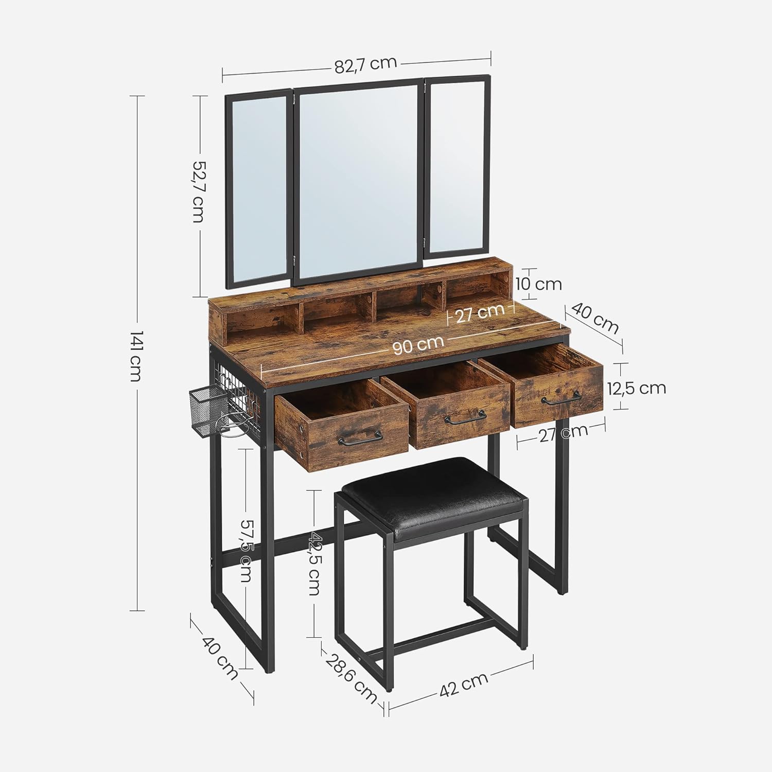 VASAGLE Masuta toaleta 90x40x141 cm, cu 3 sertare, oglinda tripla si taburet, lemn si otel, maro rustic si negru