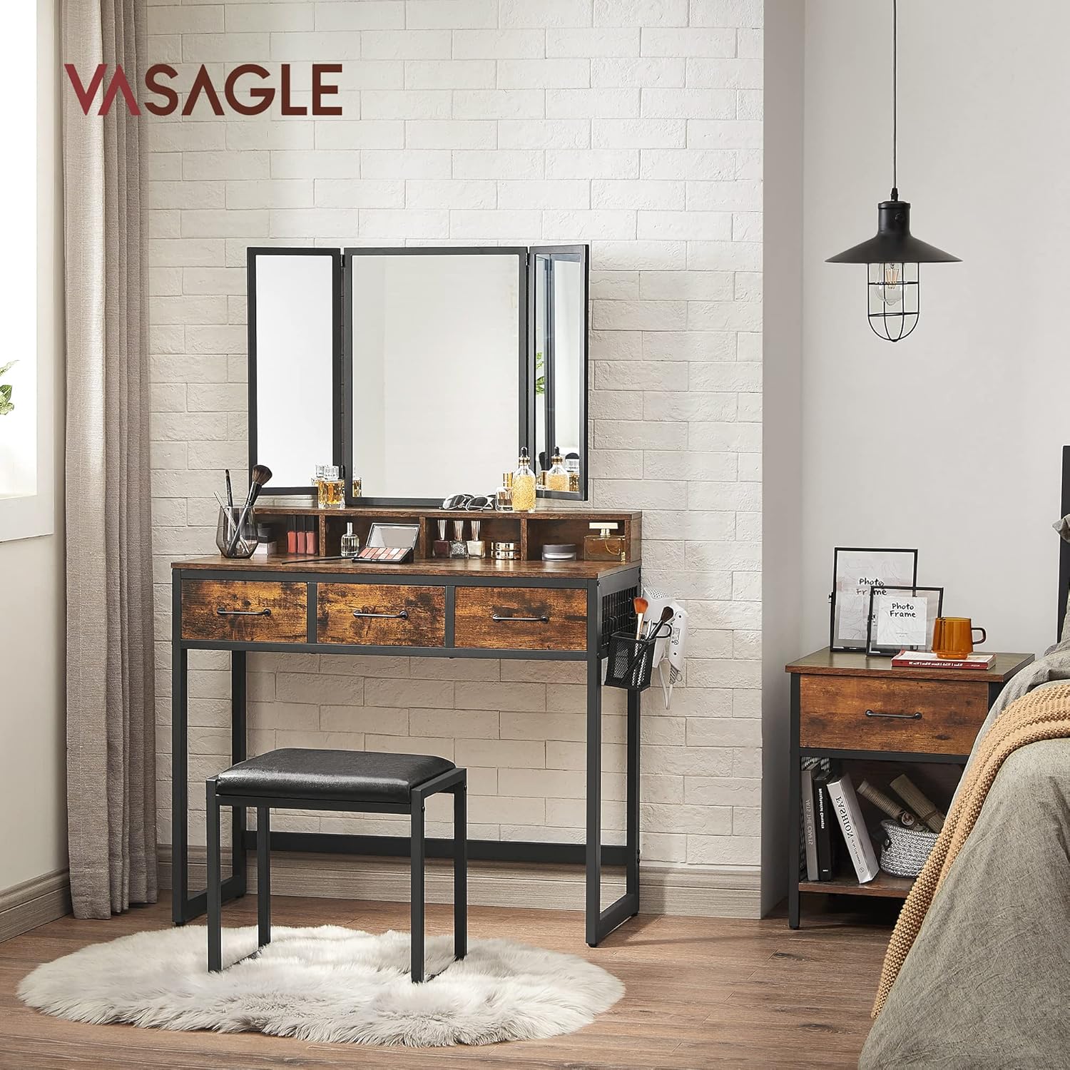 VASAGLE Masuta toaleta 90x40x141 cm, cu 3 sertare, oglinda tripla si taburet, lemn si otel, maro rustic si negru