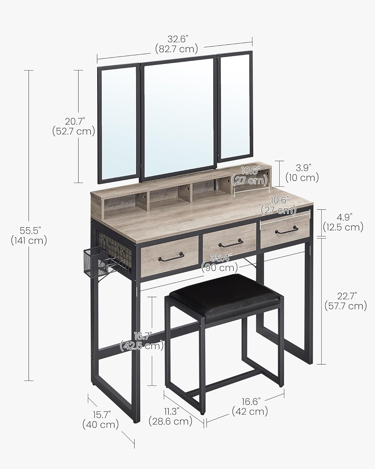 VASAGLE Masuta toaleta 90x40x141 cm, cu 3 sertare, oglinda tripla si taburet, lemn si otel, gri si negru