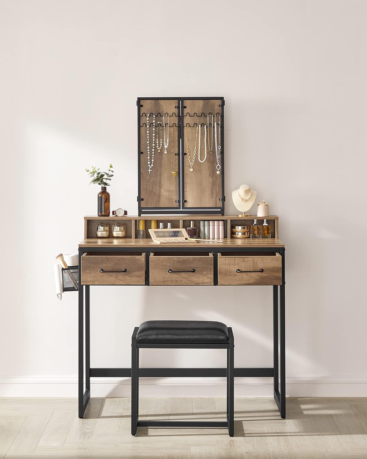 VASAGLE Masuta toaleta 90x40x141 cm, cu 3 sertare, oglinda tripla si taburet, lemn si otel, maro stejar si negru
