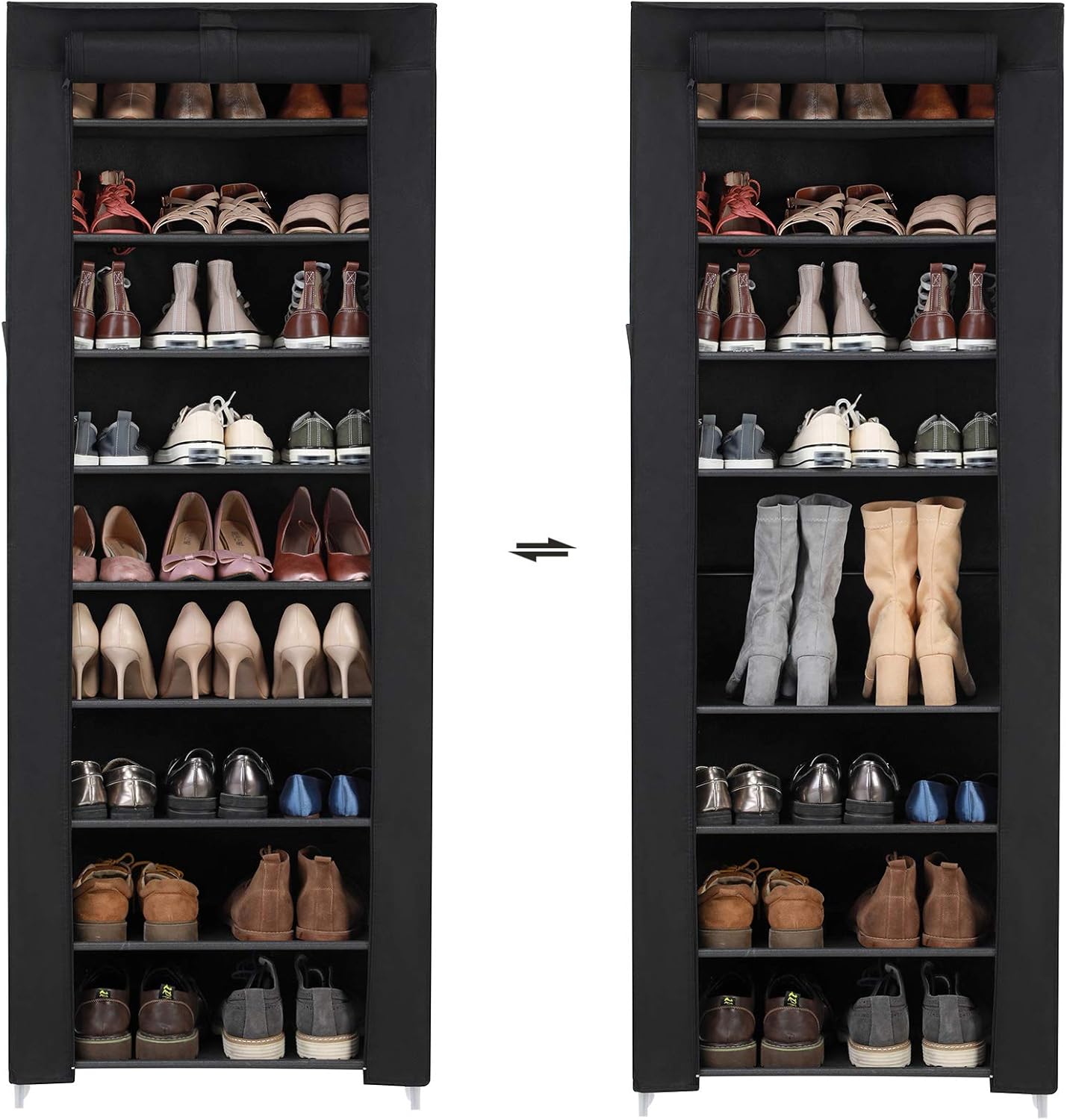 SONGMICS Dulap pentru pantofi din material textil, structura metalica, 10 niveluri, capacitate 27-35 perechi, 58x28x160 cm, negru