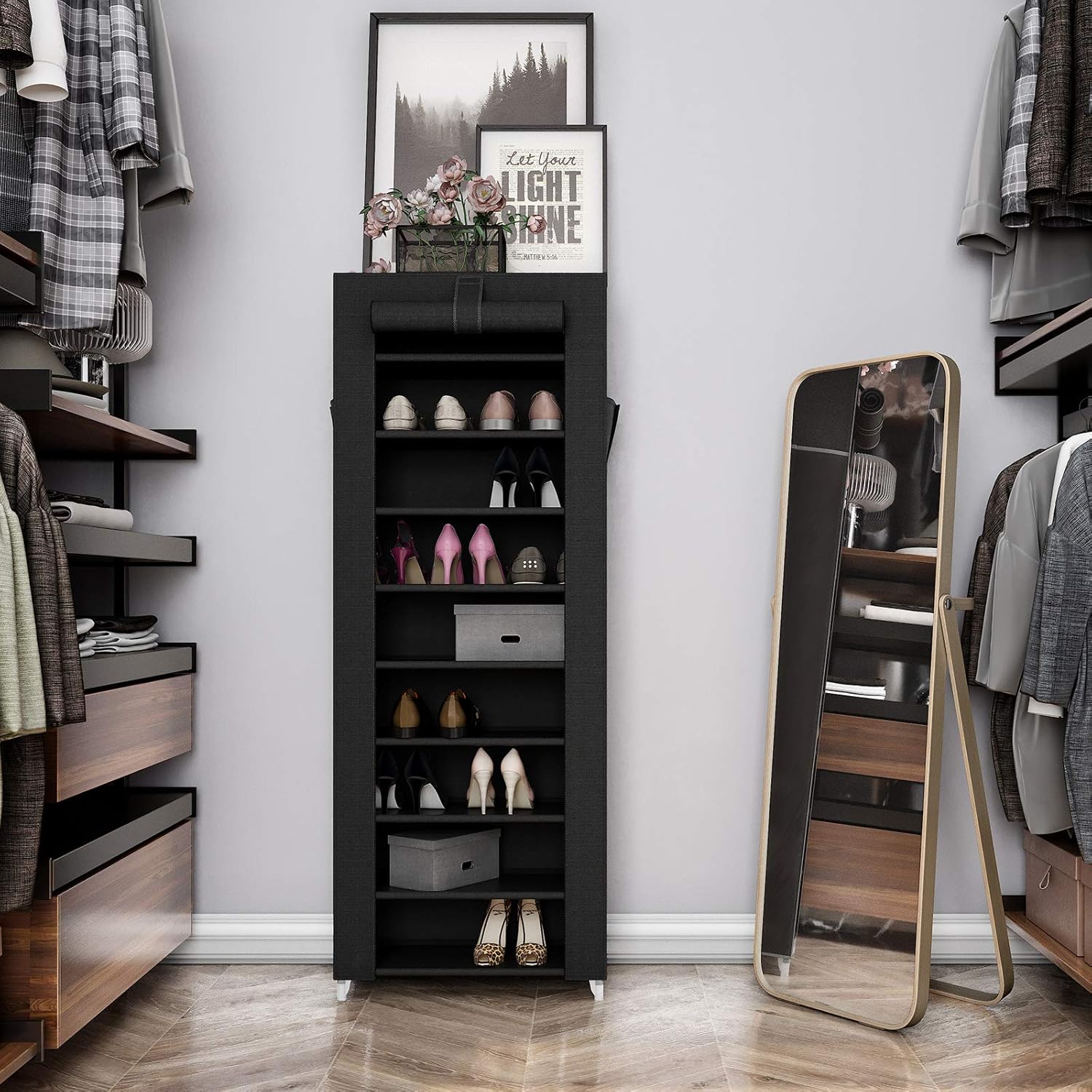 SONGMICS Dulap pentru pantofi din material textil, structura metalica, 10 niveluri, capacitate 27-35 perechi, 58x28x160 cm, negru
