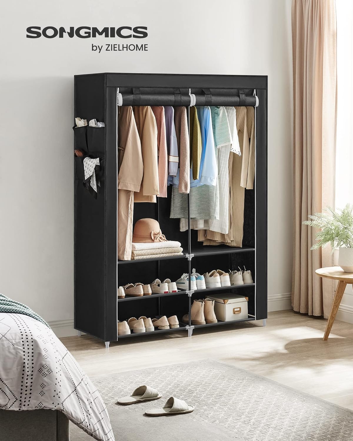 SONGMICS Dulap textil garderoba, 2 compartimente haine cu rafturi, cadru metalic, 127x45x176 cm, negru