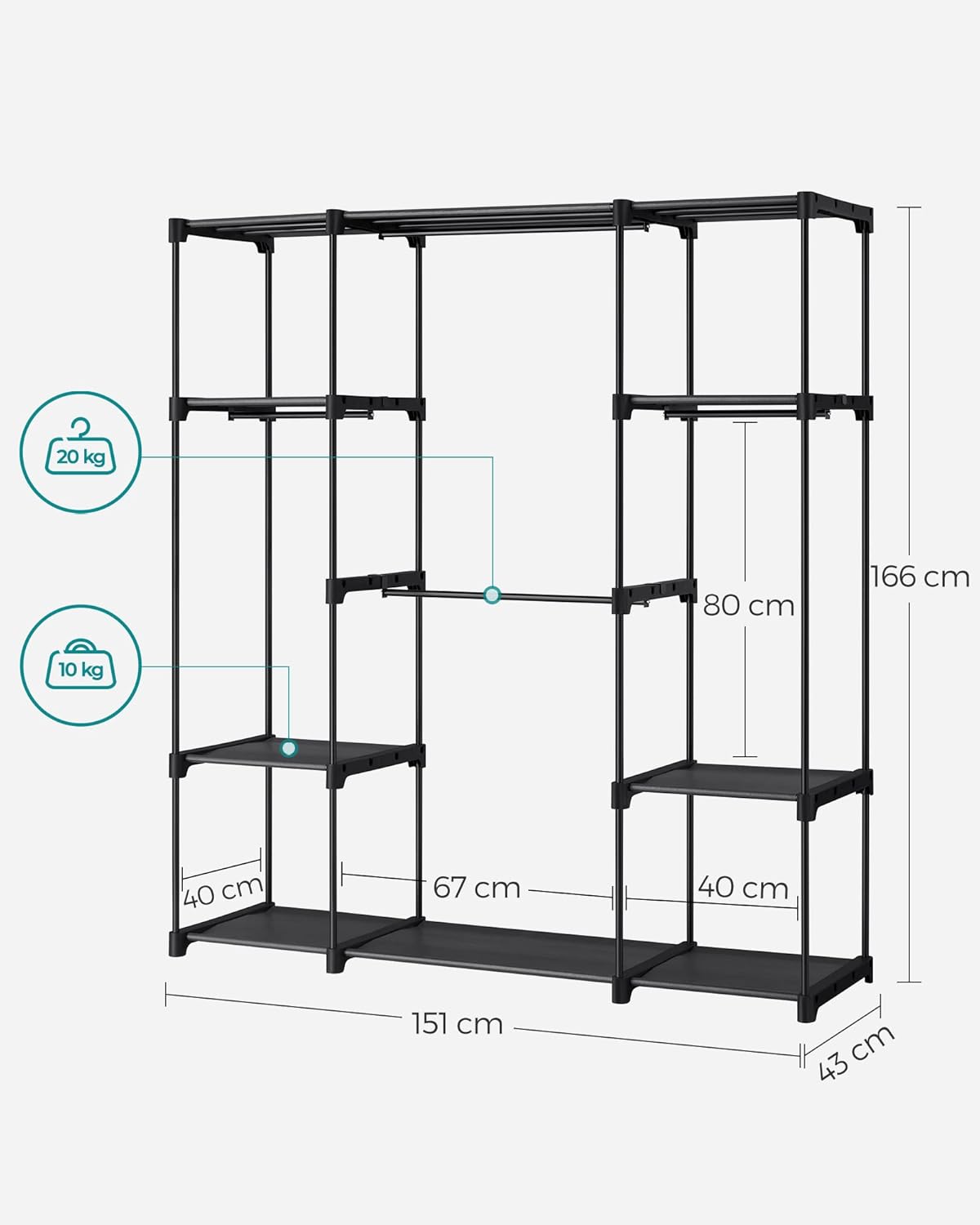 SONGMICS Dulap portabil pentru haine cu 4 bare de suspendare si rafturi, structura metalica, 151x43x166 cm, negru