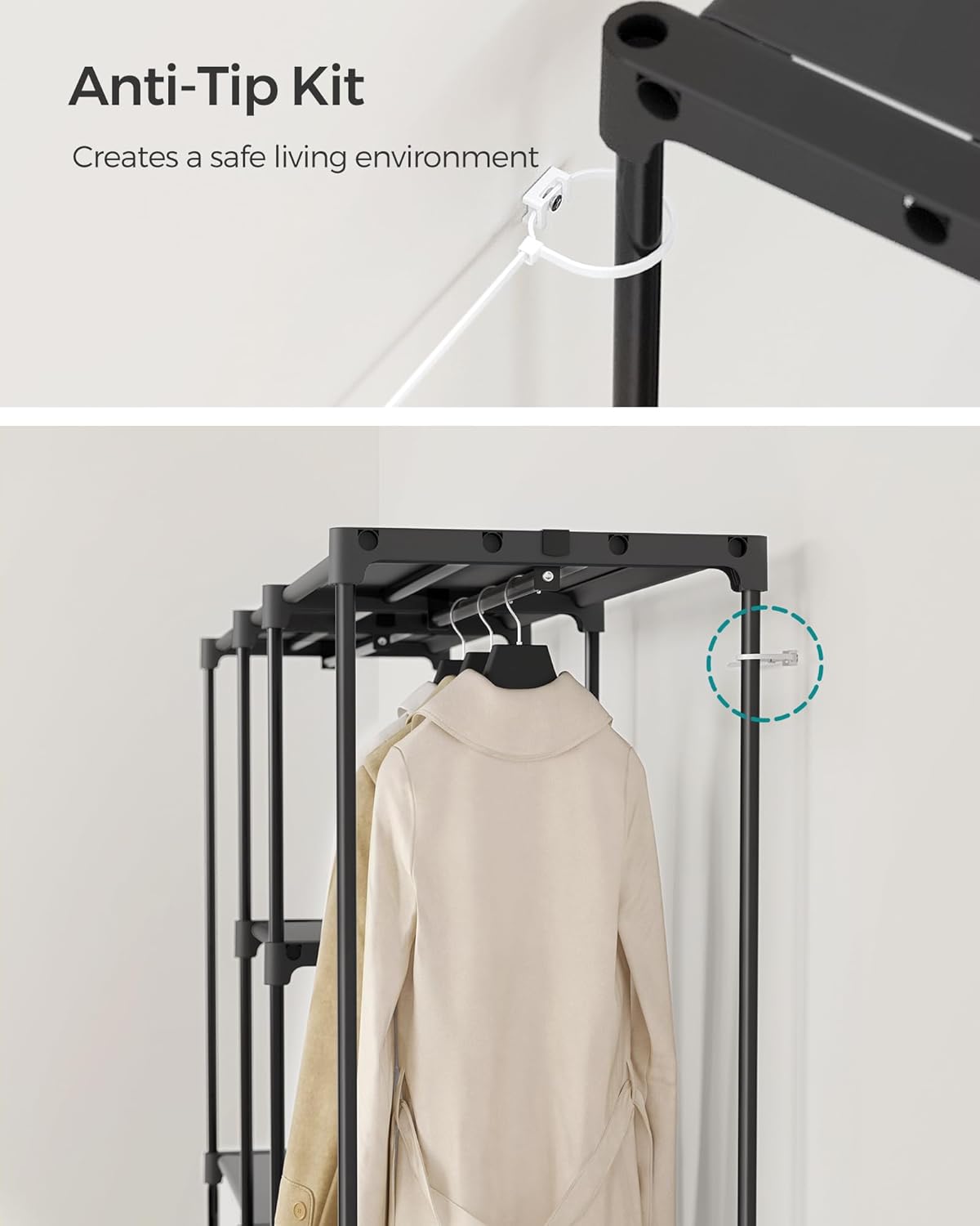 SONGMICS Dulap portabil pentru haine cu 3 bare de suspendare si rafturi, structura metalica, 43x182x182 cm, negru