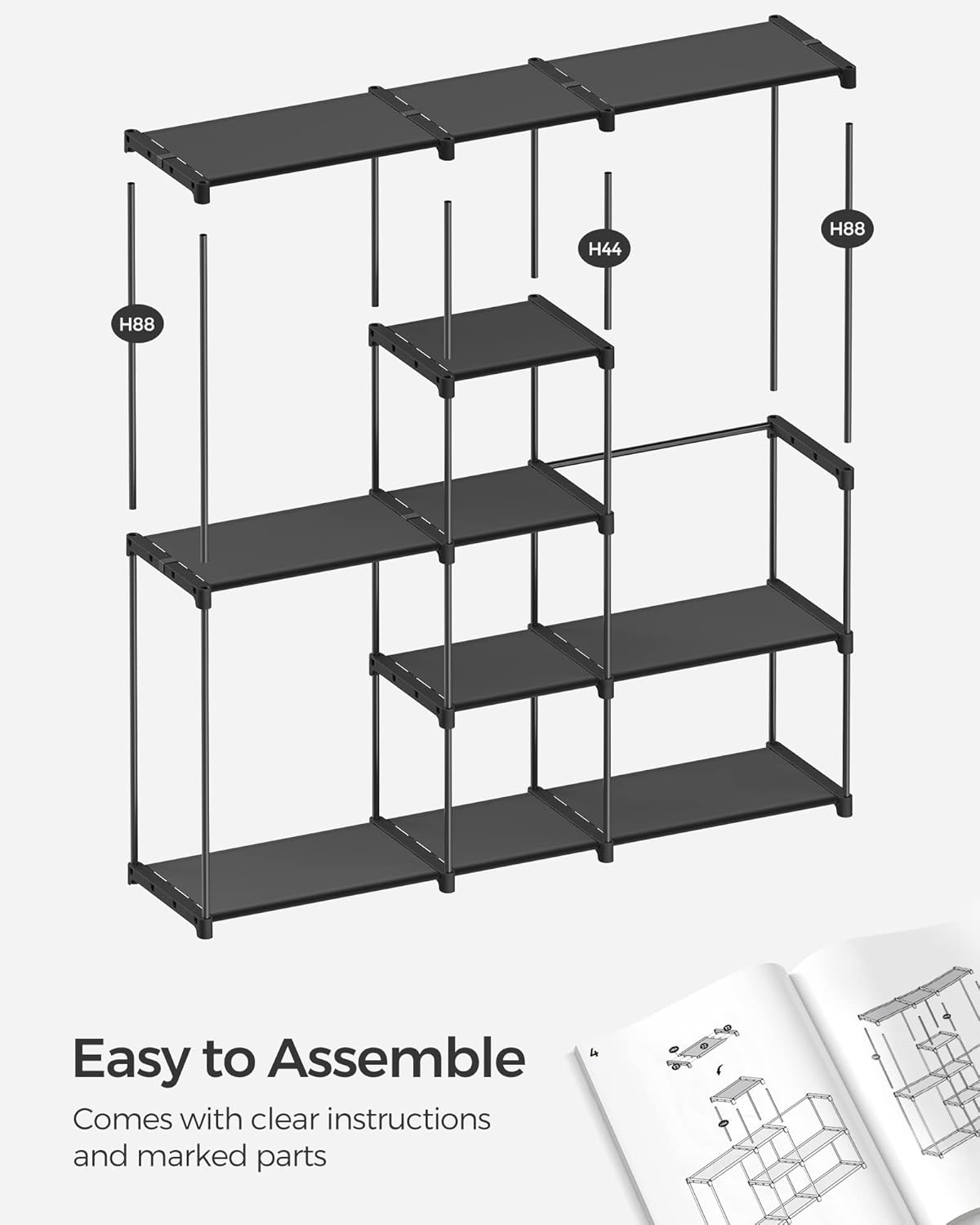 SONGMICS Dulap portabil pentru haine cu 3 bare de suspendare si rafturi, structura metalica, 43x182x182 cm, negru