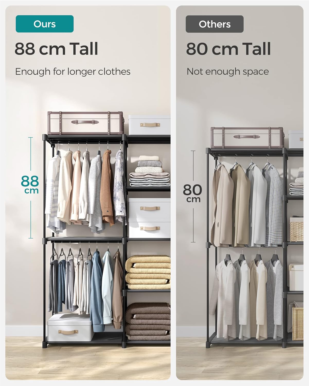 SONGMICS Dulap portabil pentru haine cu 3 bare de suspendare si rafturi, structura metalica, 43x182x182 cm, negru
