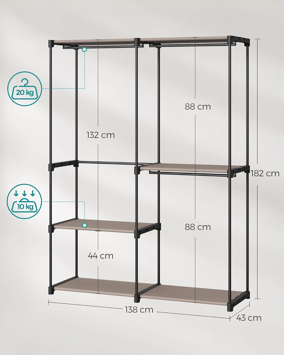 SONGMICS Dulap de haine portabil, cu 3 bare de agatat si rafturi, 138x43x182 cm, maro taupe
