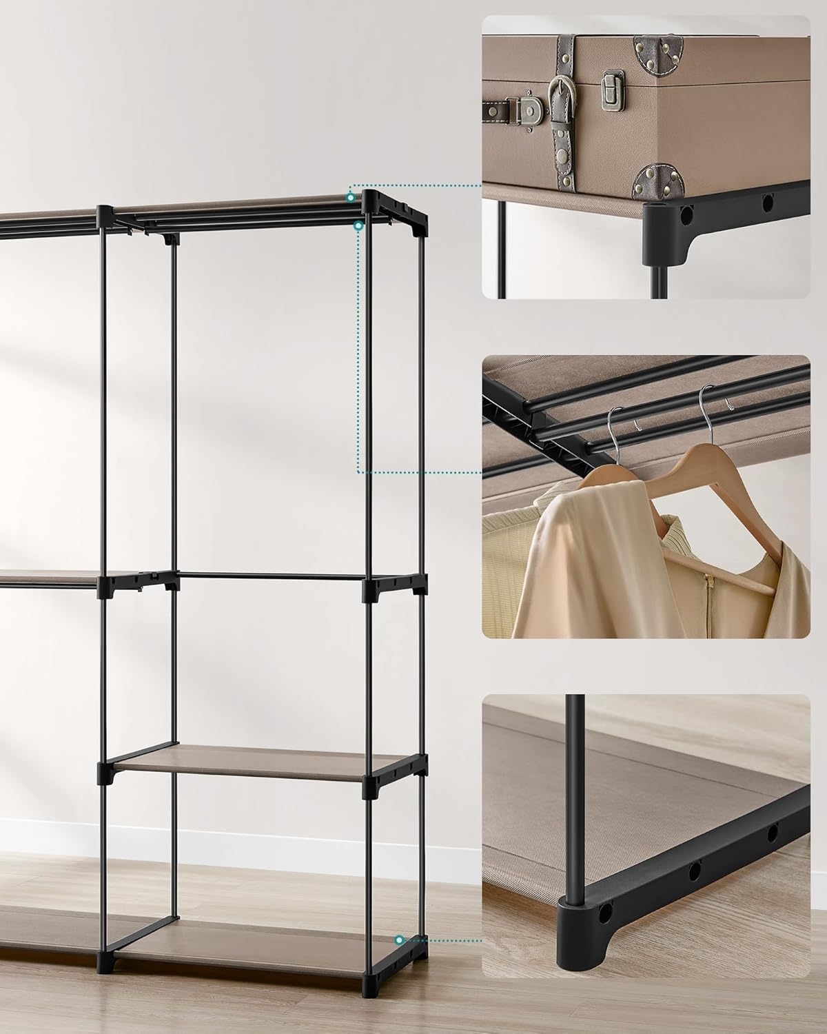 SONGMICS Dulap de haine portabil, cu 3 bare de agatat si rafturi, 138x43x182 cm, maro taupe
