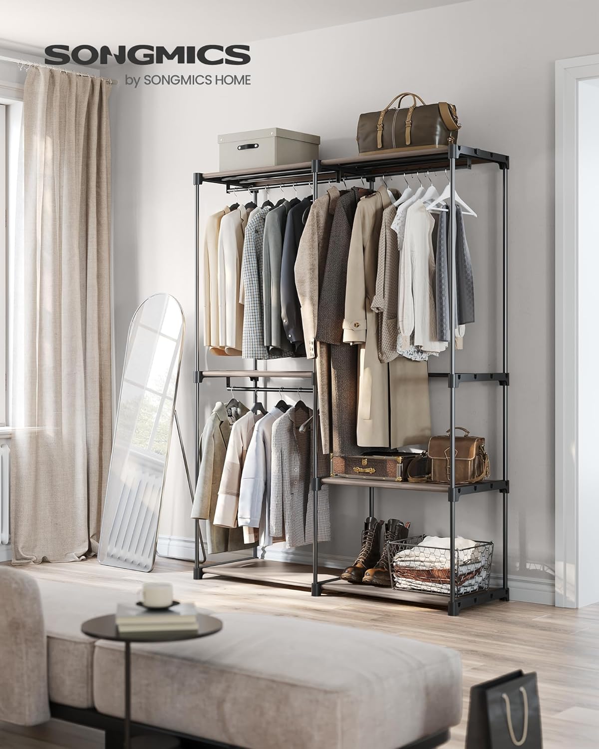 SONGMICS Dulap de haine portabil, cu 3 bare de agatat si rafturi, 138x43x182 cm, maro taupe