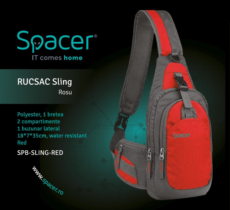 RUCSAC SPACER Sling, nylon,1 bretea, 2 compartimente principale,1 buzunar frontal, 1 buzunar lateral, 35x18x7cm, water resistant, red, "SPB-SLING-RED"