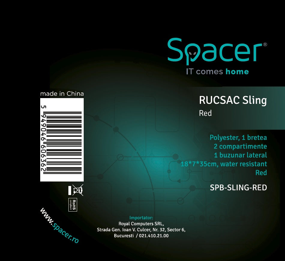 RUCSAC SPACER Sling, nylon,1 bretea, 2 compartimente principale,1 buzunar frontal, 1 buzunar lateral, 35x18x7cm, water resistant, red, "SPB-SLING-RED"
