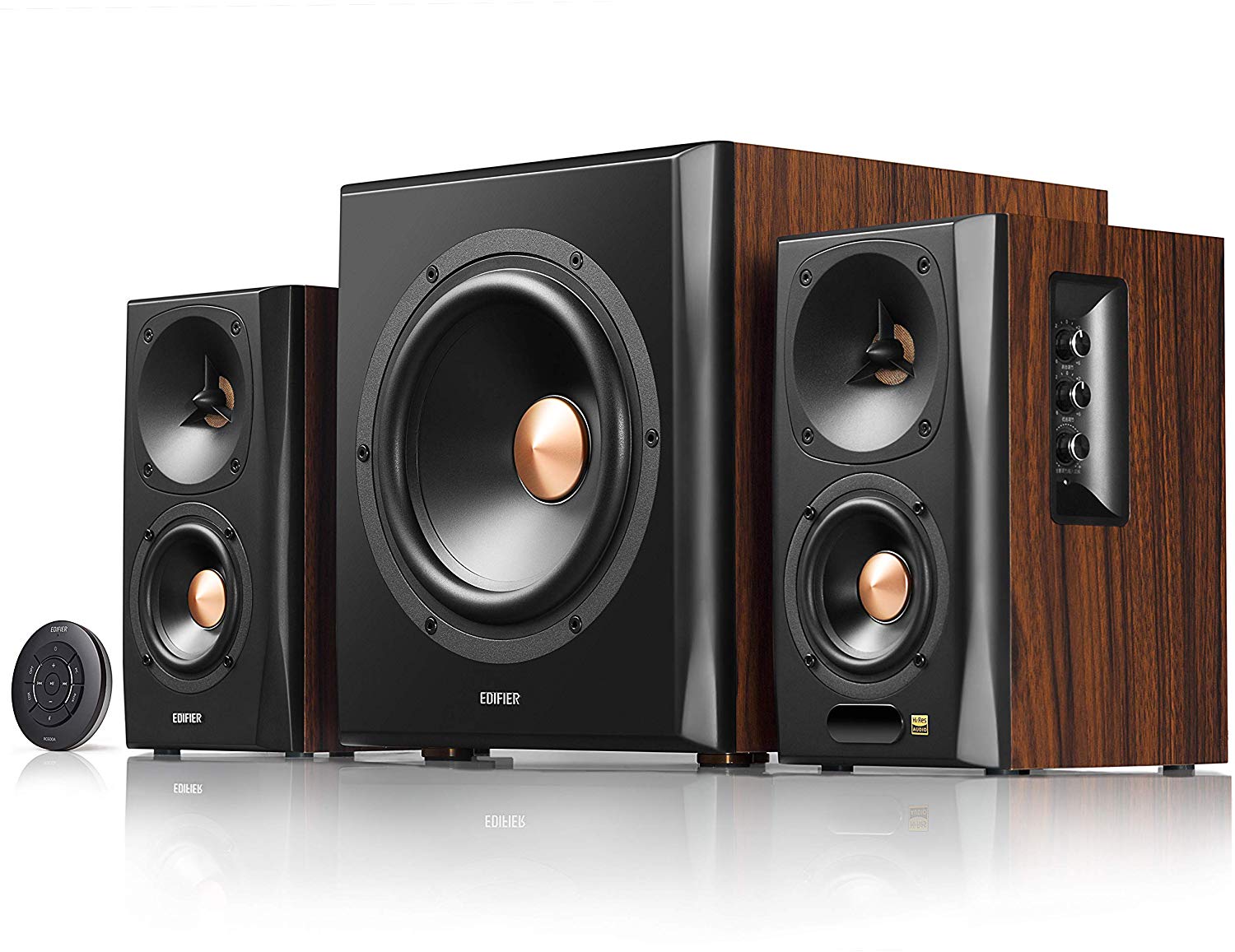 BOXE EDIFIER 2.1, RMS: 155W (2 x 10W, 2 x 30W, 1 x 75W), bluetooth, telecomanda wireless, woofer wireless, volum, bass, treble, optical, coaxial, brown, "S360DB"