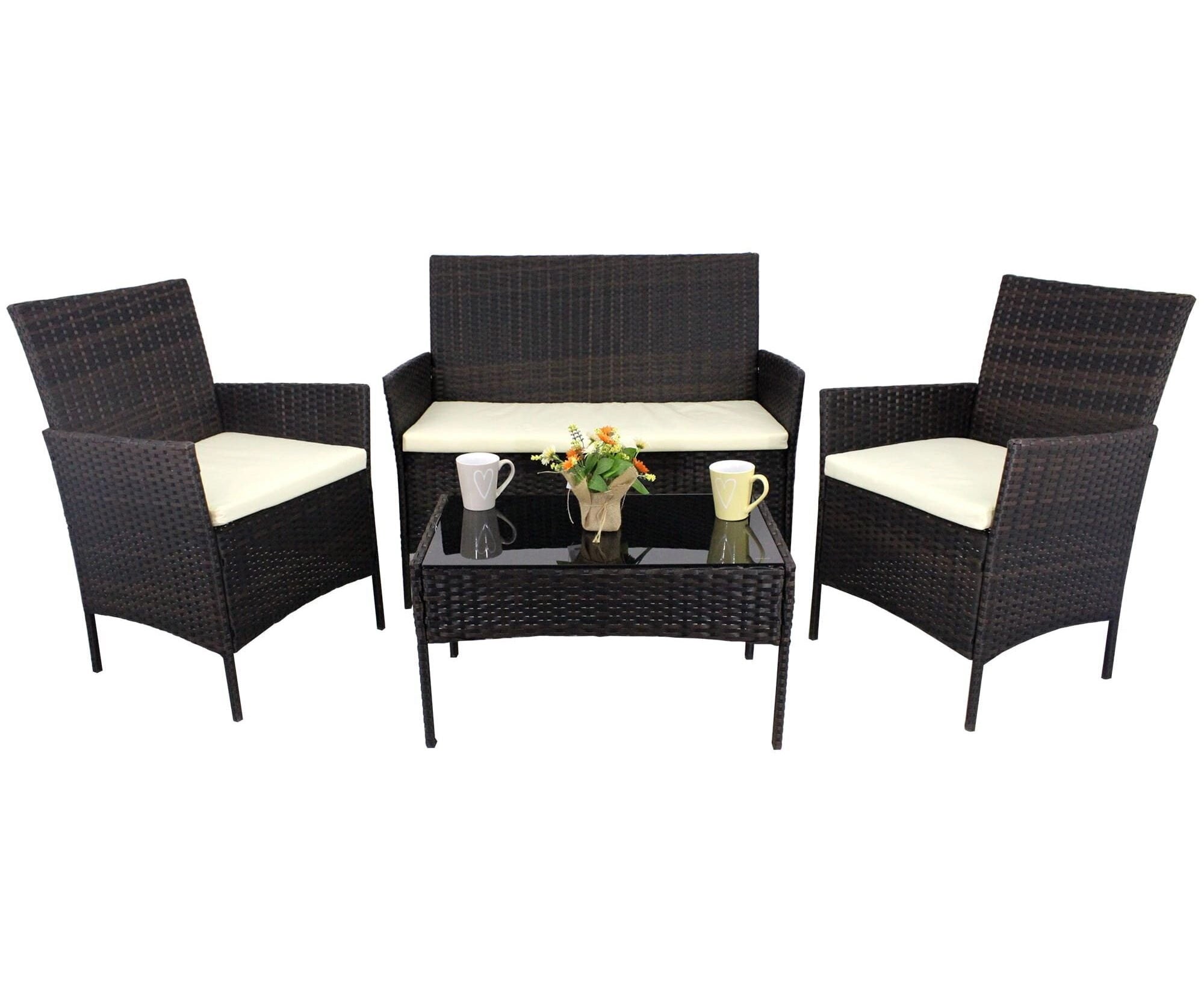 Set mobilier gradina 4 locuri, canapea 2 locuri, 2 fotolii si masa de sticla, tehnoratan, maro si crem