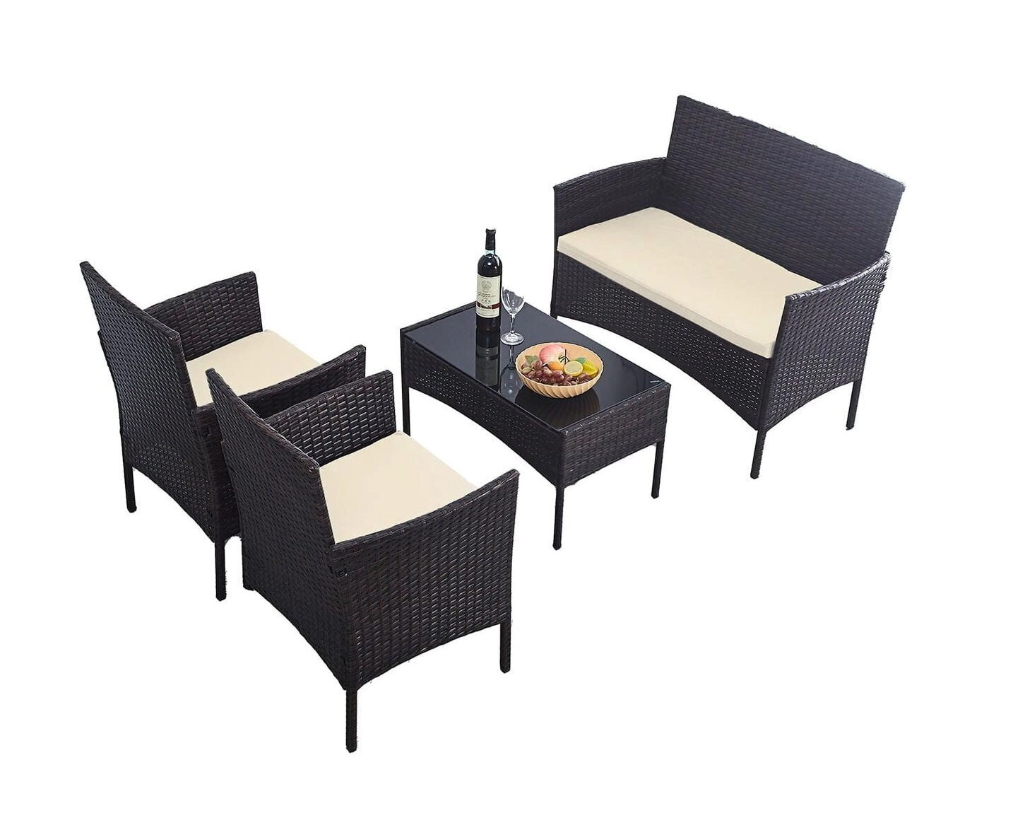 Set mobilier gradina 4 locuri, canapea 2 locuri, 2 fotolii si masa de sticla, tehnoratan, maro si crem