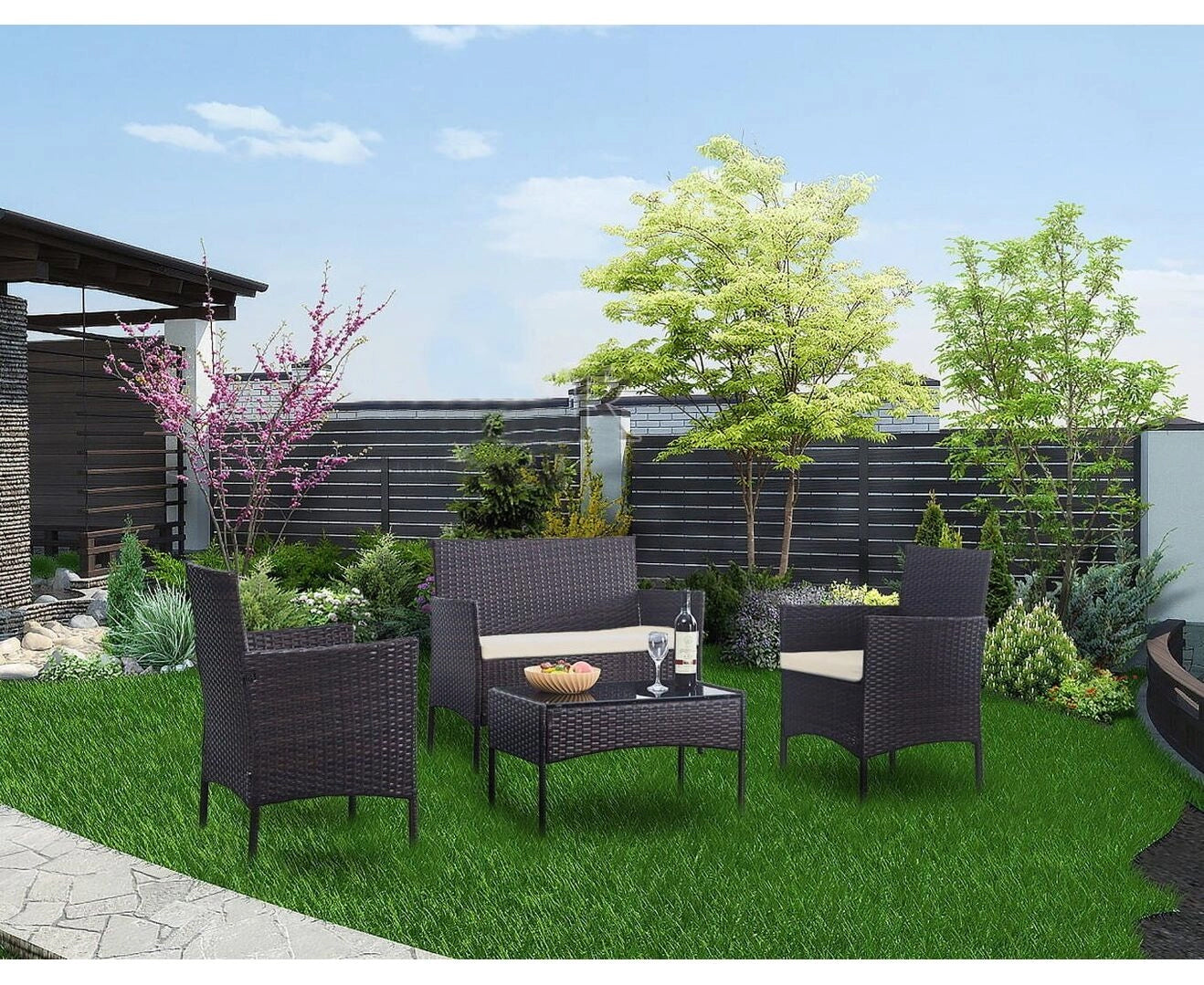 Set mobilier gradina 4 locuri, canapea 2 locuri, 2 fotolii si masa de sticla, tehnoratan, maro si crem