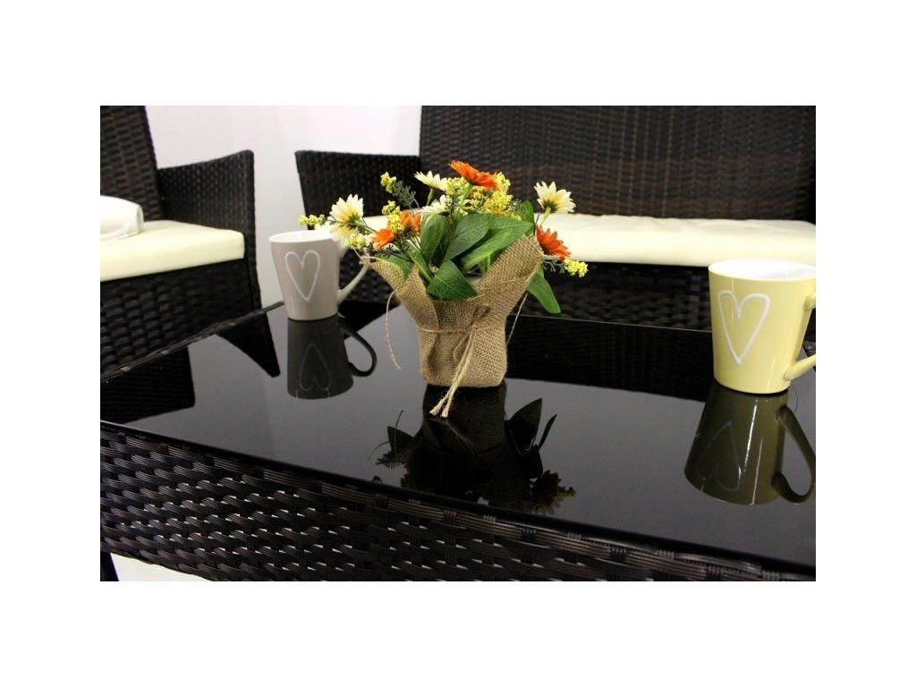 Set mobilier gradina 4 locuri, canapea 2 locuri, 2 fotolii si masa de sticla, tehnoratan, maro si crem