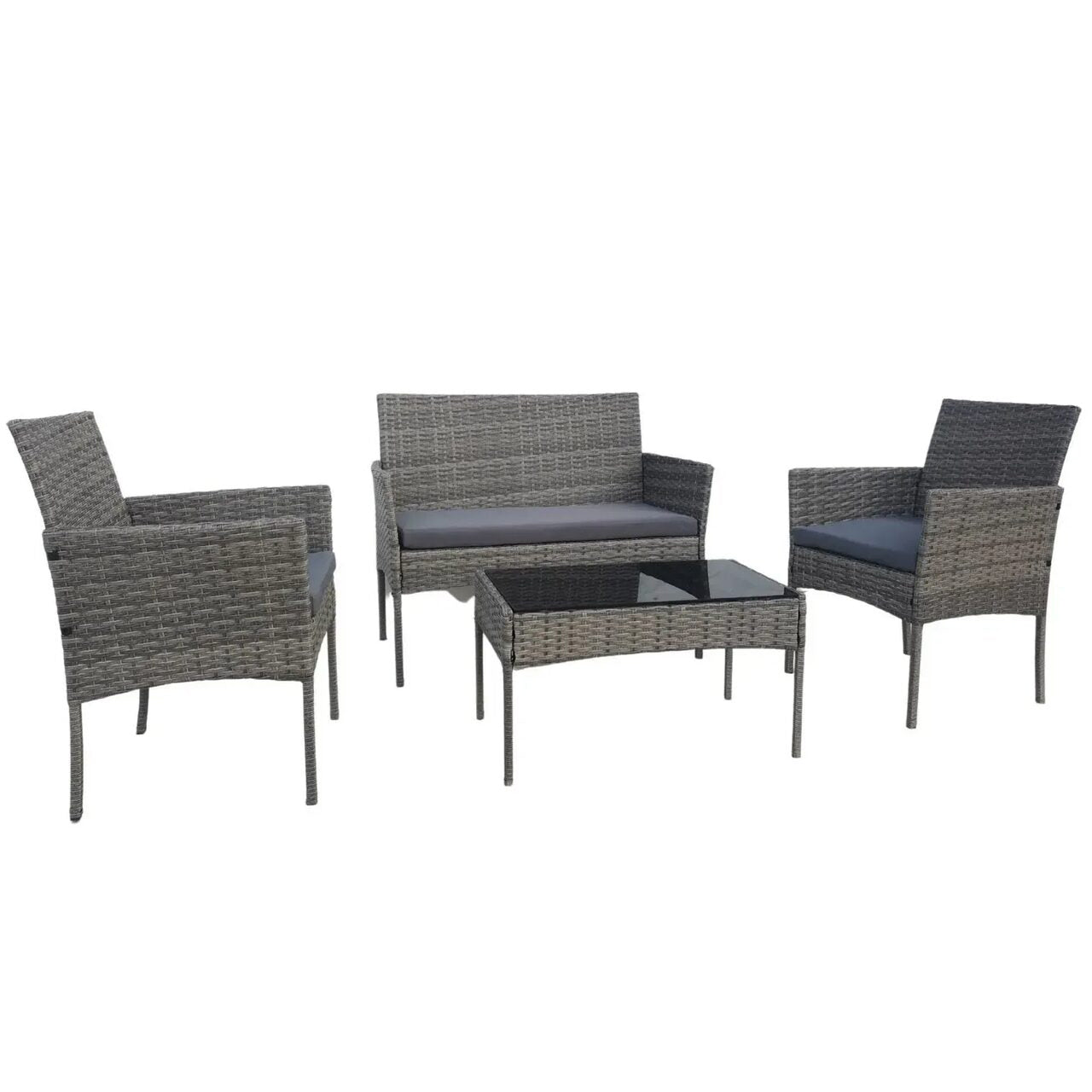 Set mobilier gradina 4 piese, canapea 2 locuri, 2 scaune si masa sticla, perne incluse, ratan sintetic, gri