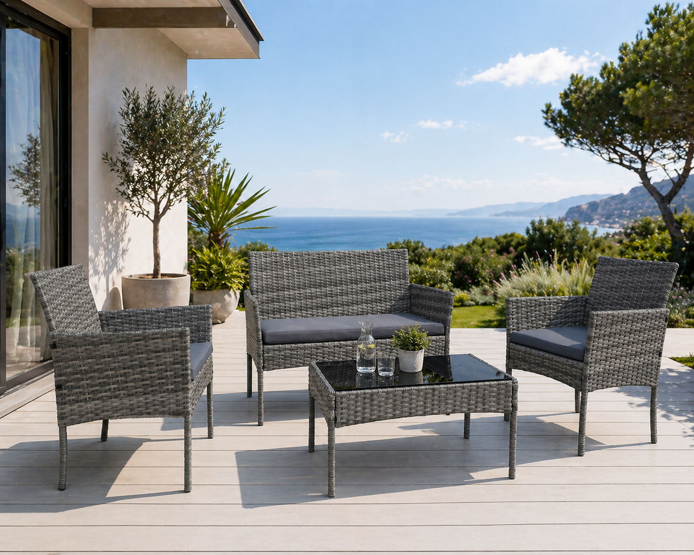 Set mobilier gradina 4 piese, canapea 2 locuri, 2 scaune si masa sticla, perne incluse, ratan sintetic, gri