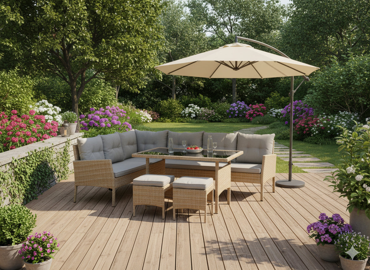 Set mobilier de gradina Berno coltar cu perne, 2 tabureti si masa, cadru otel si ratan sintetic, blat sticla securizata, bej
